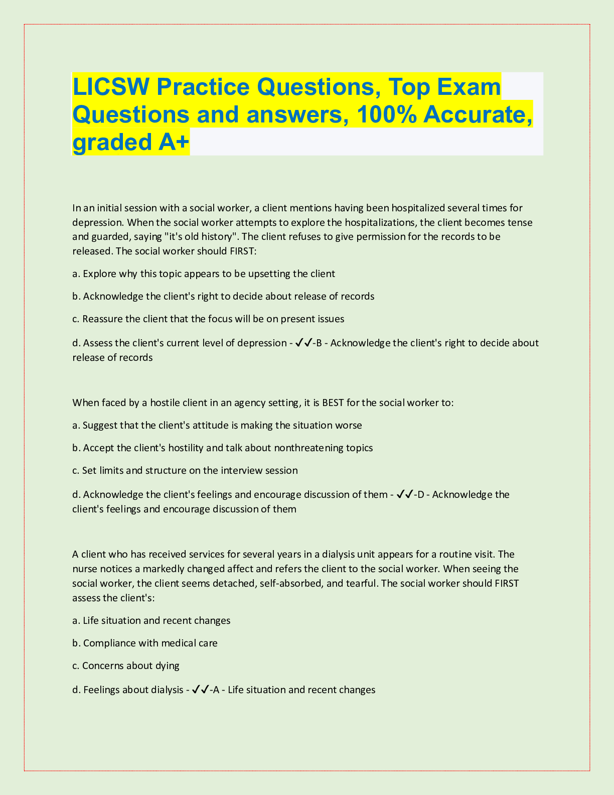 Preview image for LICSW Practice Questions, Top Exam  Questions and answers, 100% Accurate,  graded A